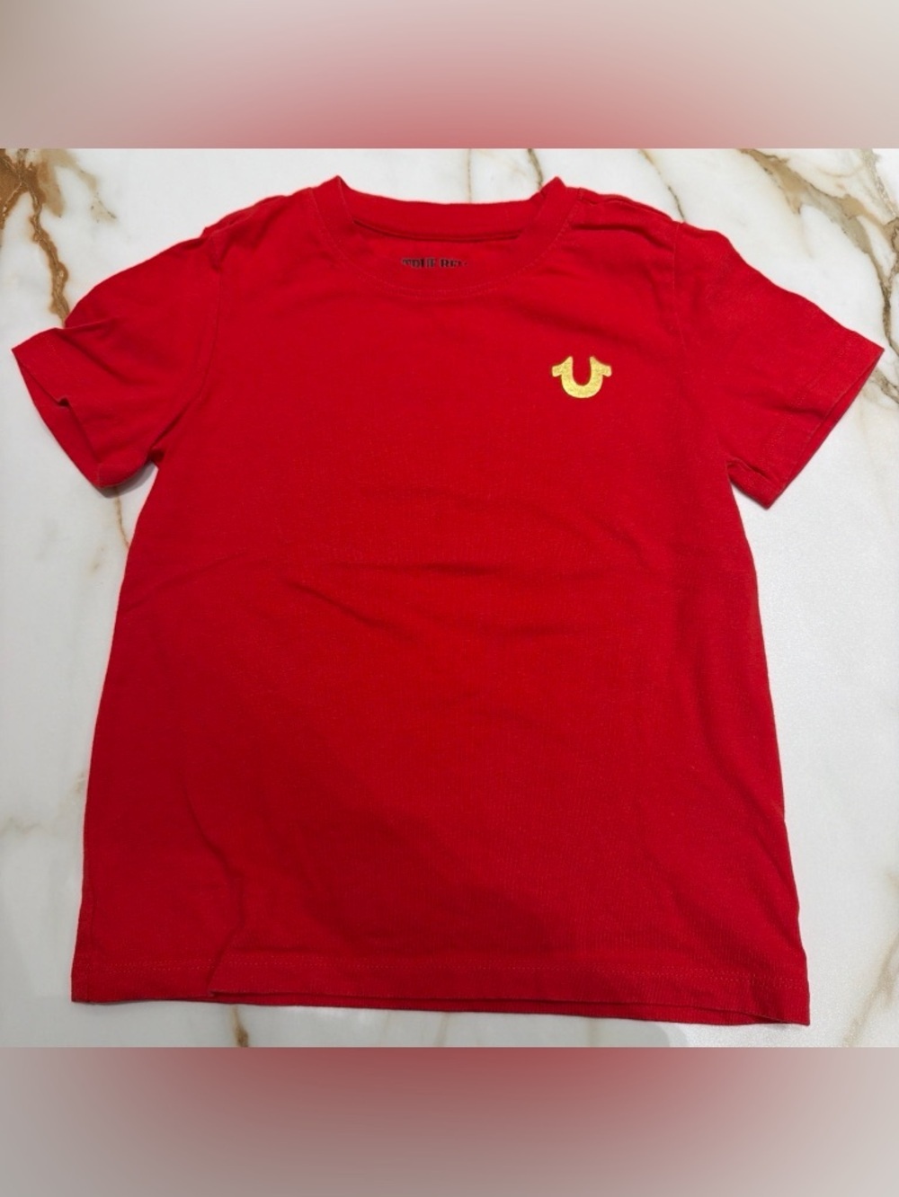 True Religion Red Tee with Yellow Horseshoe Accent